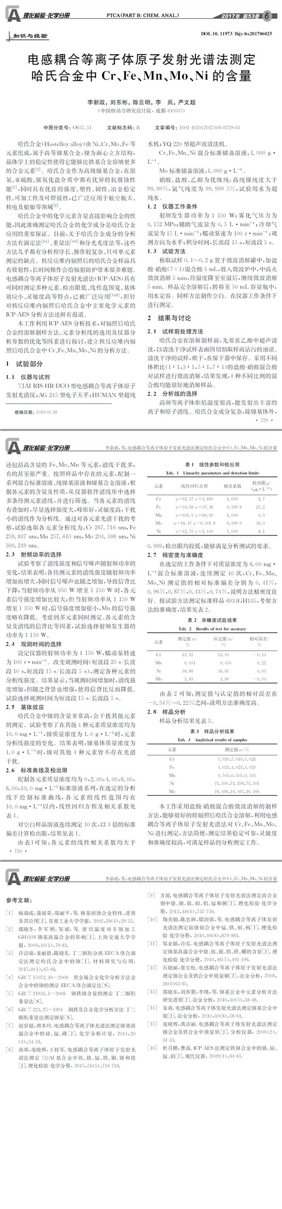 電感耦合等離子體原子發(fā)射光譜法測定哈氏合金中Cr、Fe、Mn、Mo、Ni的含量
