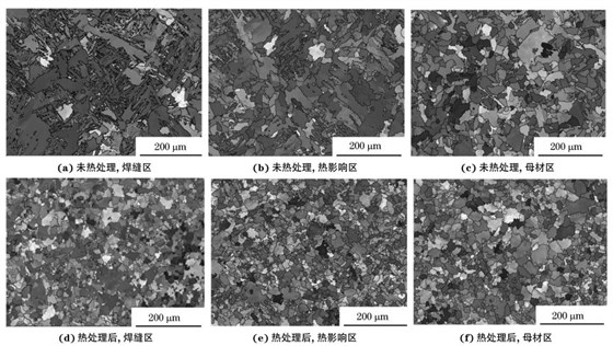 圖２ 熱處理前后焊接接頭焊縫區(qū)、熱影響區(qū)和母材區(qū)的取向成像圖